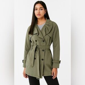Theory, Collared Double Breasted Belted Longline Coat, Light Olive, US 4